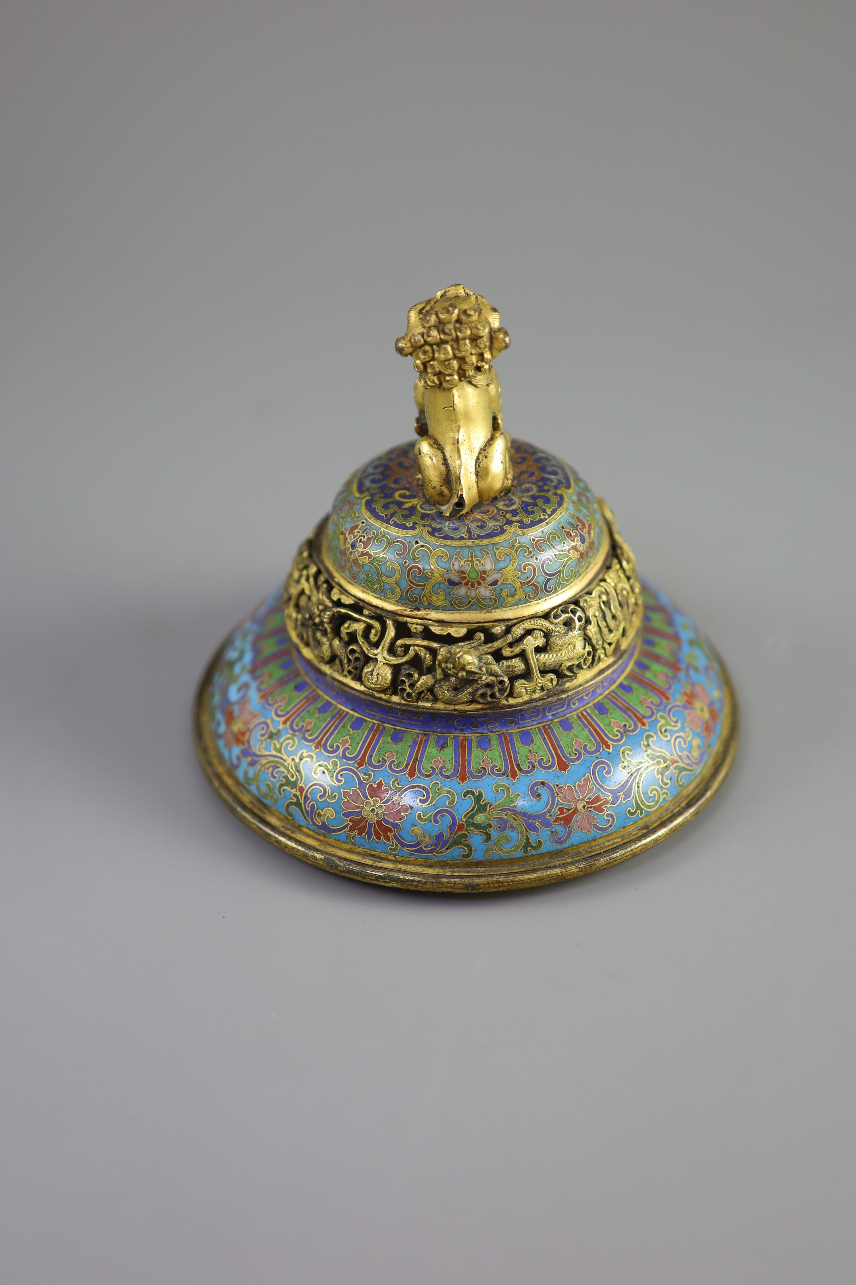 A Chinese cloisonné enamel and gilt bronze cover, late Ming/early Qing, 17th century, 11.5 cm high, 13.5 cm diameter. Provenance - Old Scandinavian collection.